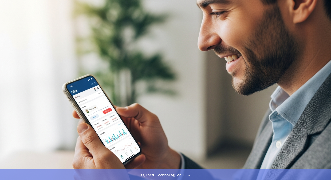 Small business owner smiling while checking CRM app on smartphone